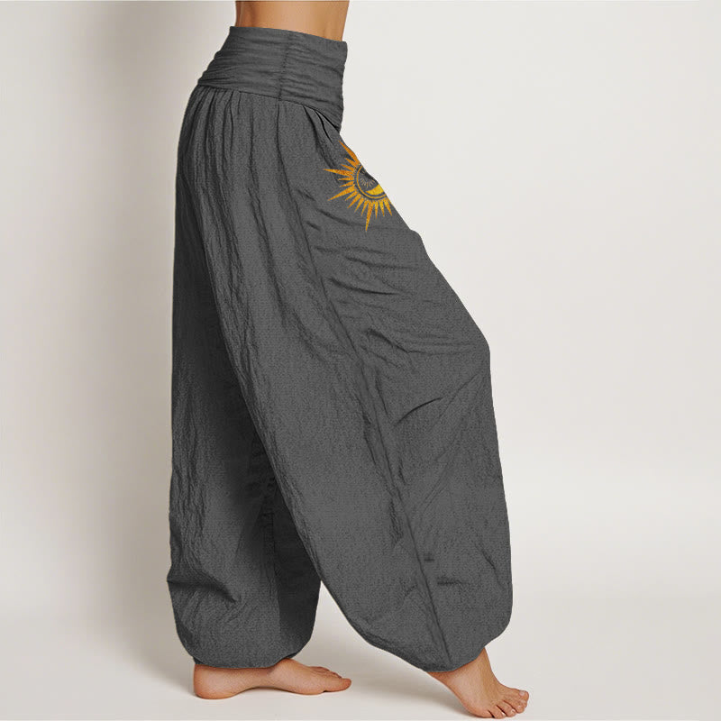 Buddha Stones Pure Cotton Gold Sun Moon Phases Pattern Women's Elastic Waist Harem Pants - image 12