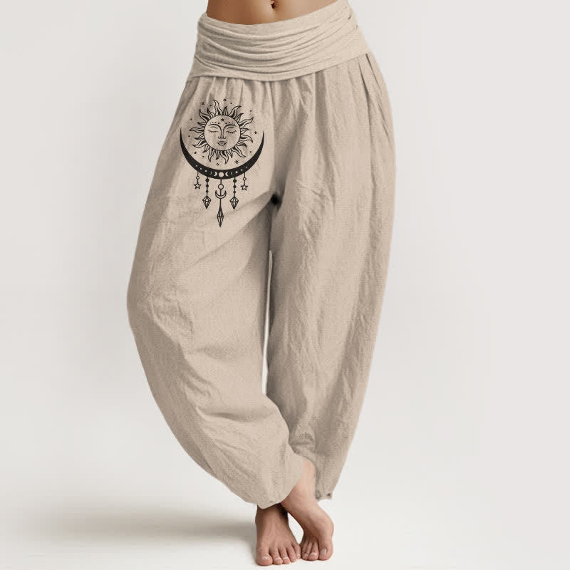 Buddha Stones Pure Cotton Sun Moon Star Tassel Pattern Women's Elastic Waist Harem Pants - Tan - US16，UK/AU20，EU48 (3XL) - image 0