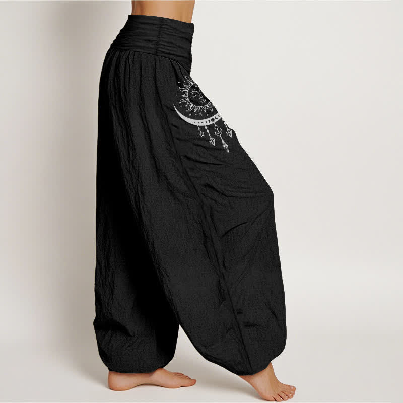Buddha Stones Pure Cotton Sun Moon Star Tassel Pattern Women's Elastic Waist Harem Pants - image 6