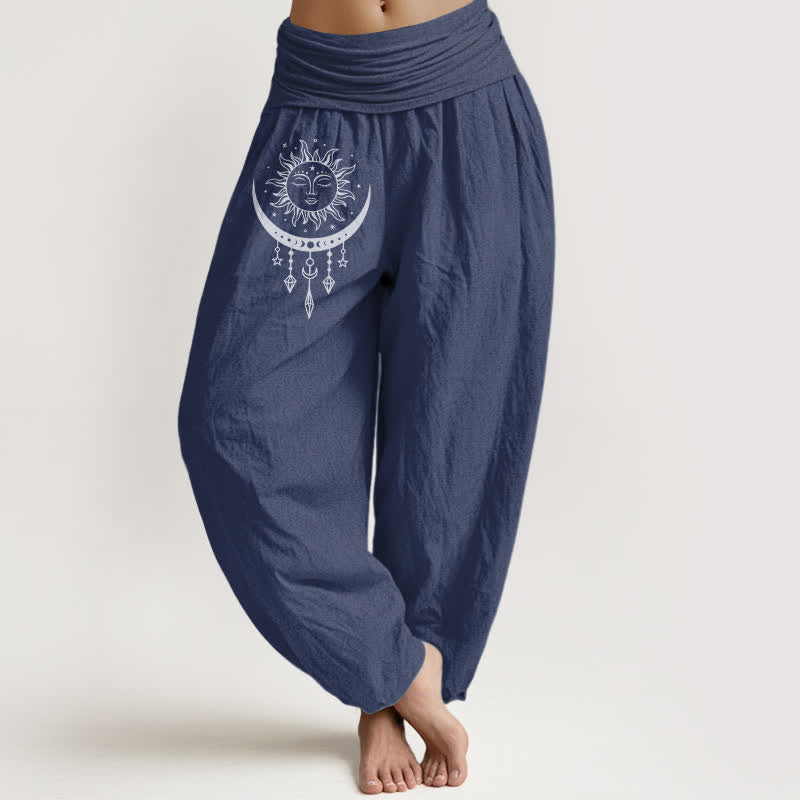 Buddha Stones Pure Cotton Sun Moon Star Tassel Pattern Women's Elastic Waist Harem Pants - DarkSlateBlue - US16，UK/AU20，EU48 (3XL) - image 8
