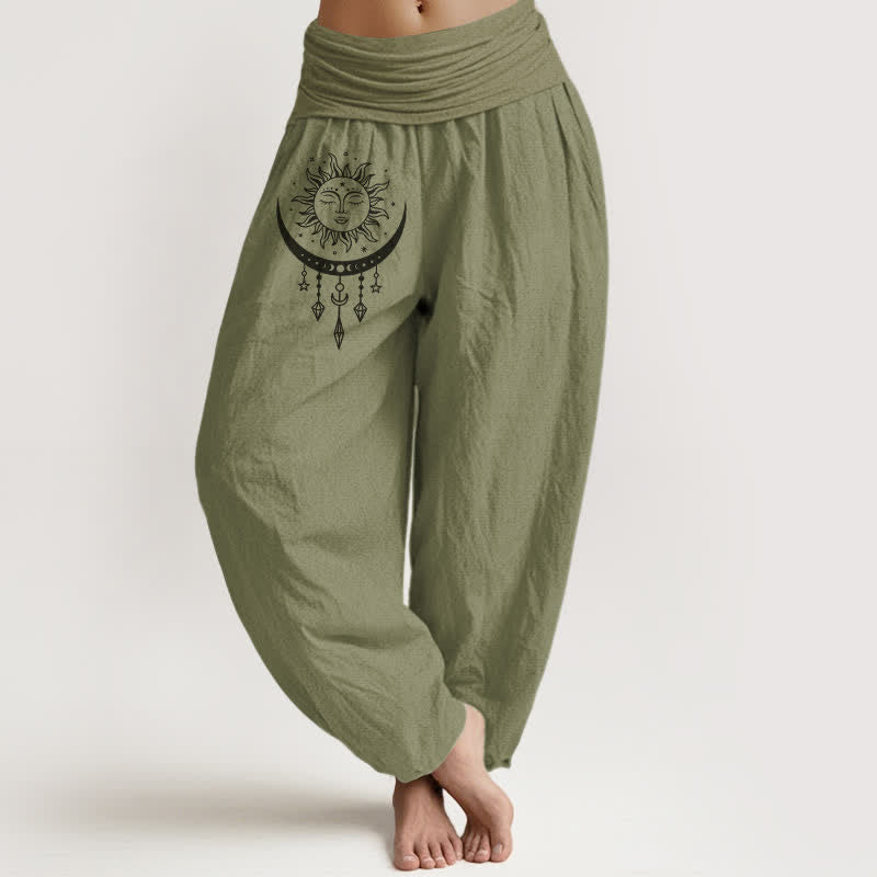 Buddha Stones Pure Cotton Sun Moon Star Tassel Pattern Women's Elastic Waist Harem Pants - OliveDrab - US16，UK/AU20，EU48 (3XL) - image 14