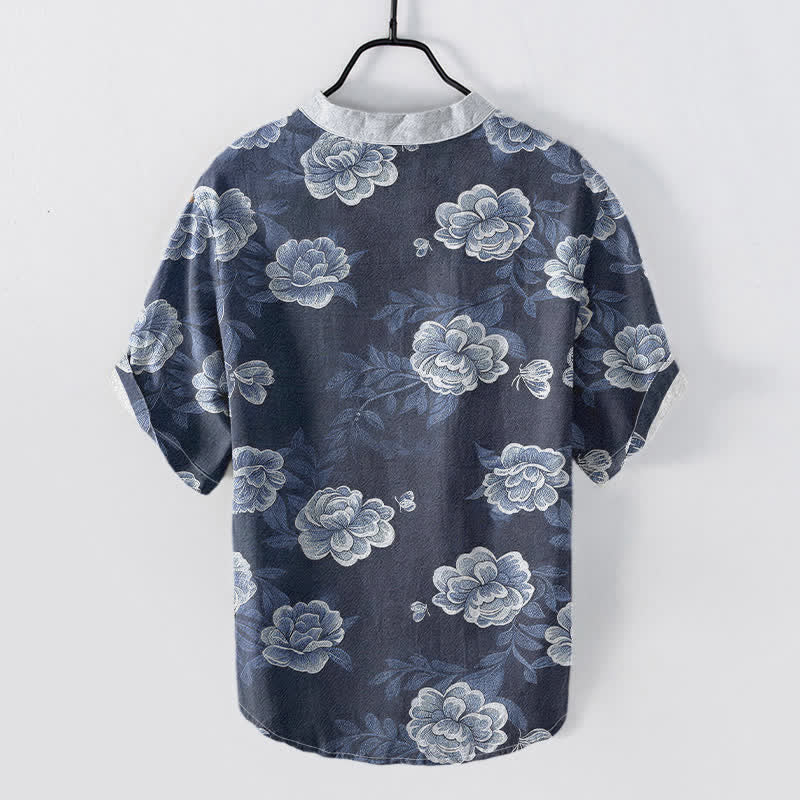 Buddha Stones Cotton Vintage Peony Bloom Pattern Men's Short Sleeve Half Button Shirt - image 1