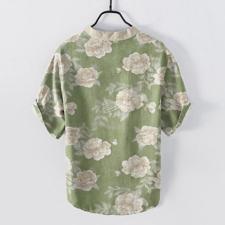 Buddha Stones Cotton Vintage Peony Bloom Pattern Men's Short Sleeve Half Button Shirt - image 6