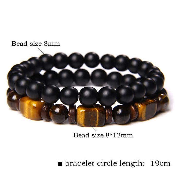 Buddha Stones 2Pcs Tiger Eye Hematite Square Double Wrap Beaded Strength Bracelet - 2Pcs Tiger Eye Black Glass(Wrist Circumference:16–17 cm) - image 4
