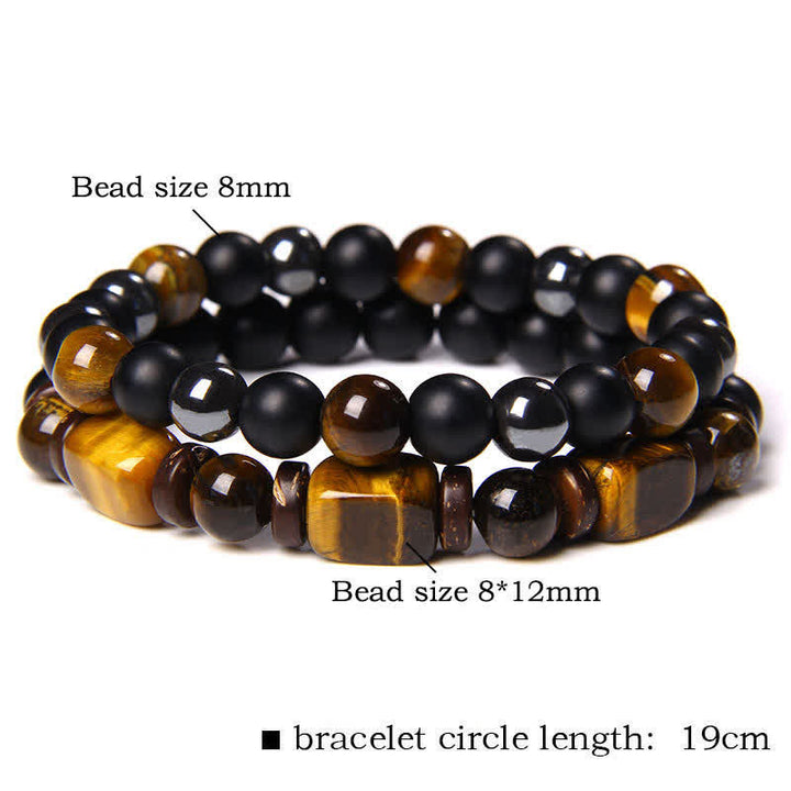 Buddha Stones 2Pcs Tiger Eye Hematite Square Double Wrap Beaded Strength Bracelet - 2Pcs Tiger Eye Hematite Black Glass(Wrist Circumference:16–17 cm) - image 2