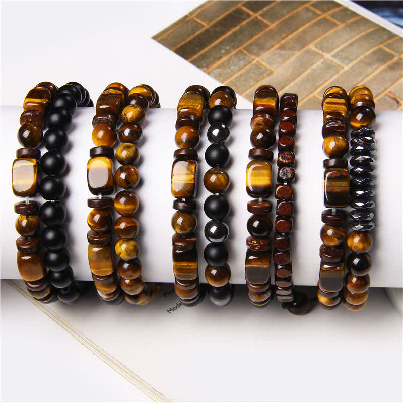 Buddha Stones 2Pcs Tiger Eye Hematite Square Double Wrap Beaded Strength Bracelet - image 9
