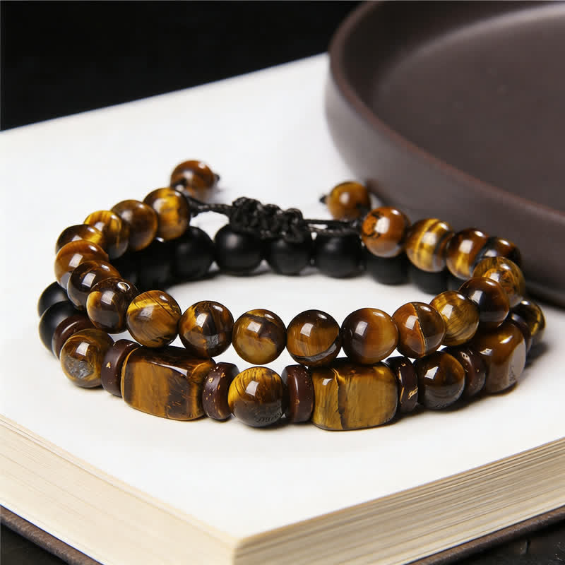 Buddha Stones 2Pcs Tiger Eye Hematite Square Double Wrap Beaded Strength Bracelet - image 8