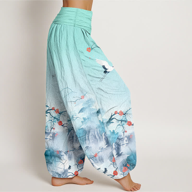 Buddha Stones Pure Cotton Blue Ombre Crane Blossom Pattern Women's Elastic Waist Harem Pants - image 7