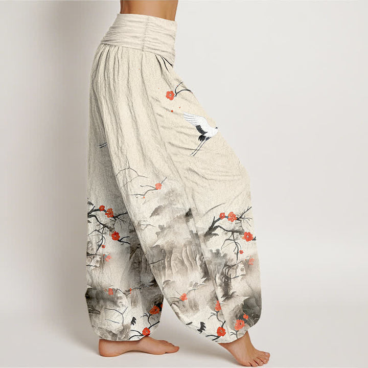 Buddha Stones Pure Cotton Blue Ombre Crane Blossom Pattern Women's Elastic Waist Harem Pants - image 10