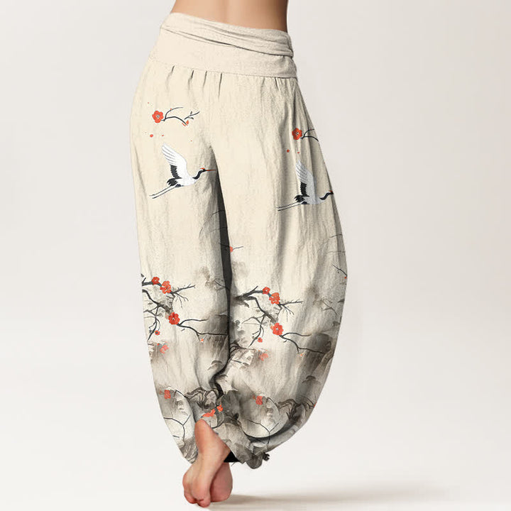 Buddha Stones Pure Cotton Blue Ombre Crane Blossom Pattern Women's Elastic Waist Harem Pants - image 9