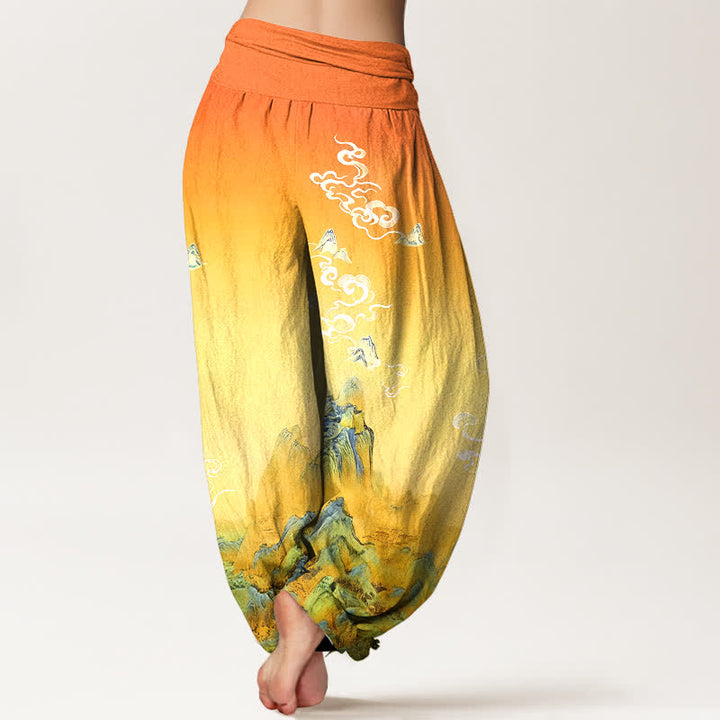 Buddha Stones Pure Cotton Ink Wash Mountain Gradient Pattern Women's Elastic Waist Harem Pants - image 9