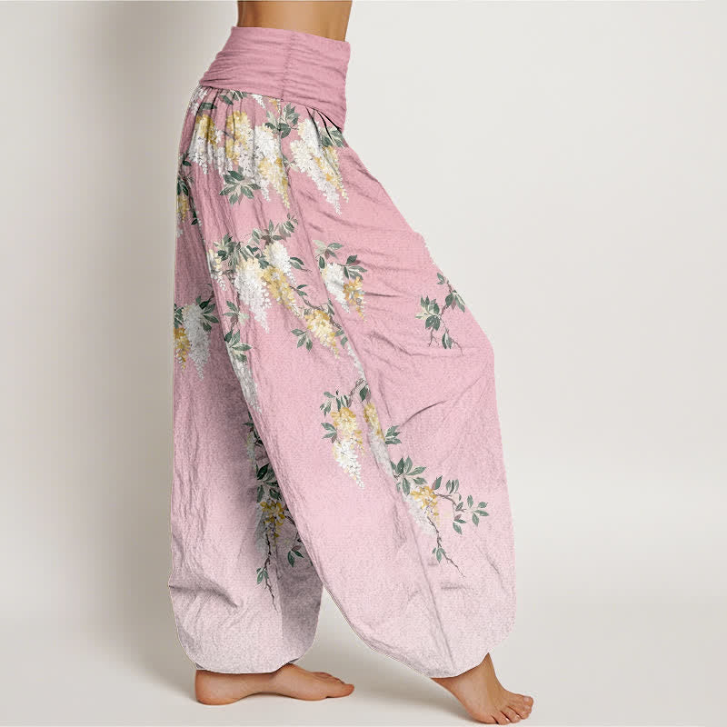 Buddha Stones Pure Cotton White Yellow Blossom Cluster Pattern Women's Elastic Waist Harem Pants - image 7