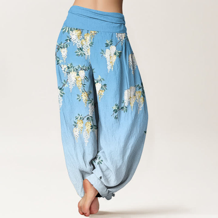 Buddha Stones Pure Cotton White Yellow Blossom Cluster Pattern Women's Elastic Waist Harem Pants - image 9