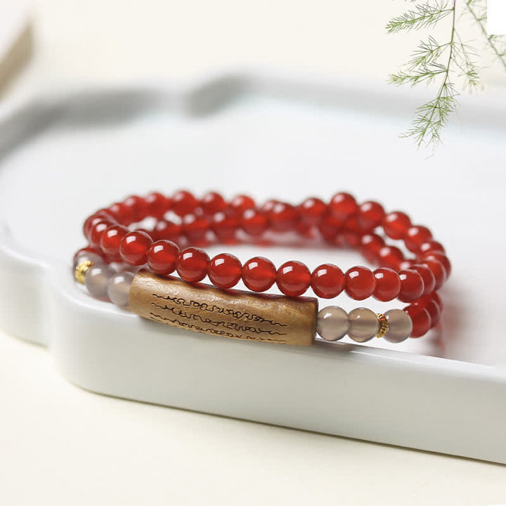 Buddha Stones Red Agate Green Aventurine Five Buddhist Precepts Double Wrap Balance Bracelet - Red Agate Gray Agate - image 3