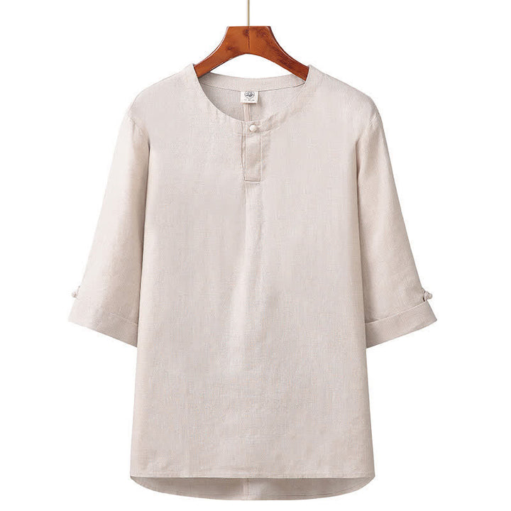 Buddha Stones Spring Summer Minimalist Button-Up Solid Linen Men's Elbow-Length Sleeve Shirt - Beige - US/UK/AU42，EU52 (3XL) - image 0