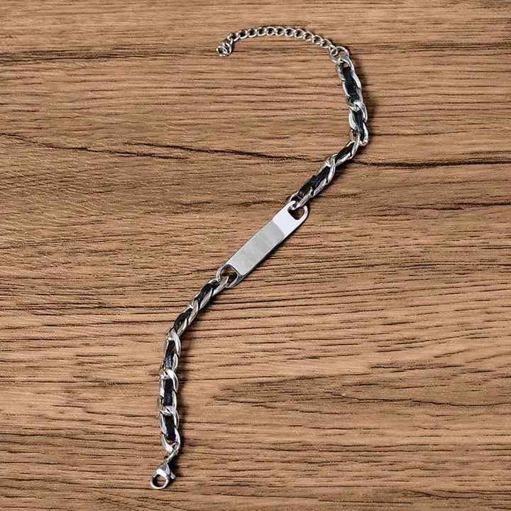 Buddha Stones Chain Leather Inlay Bar Plate Braided Leather Strengthen Cuban Bracelet - image 4