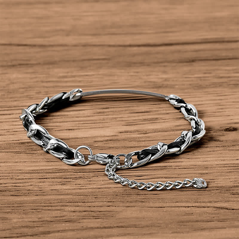 Buddha Stones Chain Leather Inlay Bar Plate Braided Leather Strengthen Cuban Bracelet - image 2