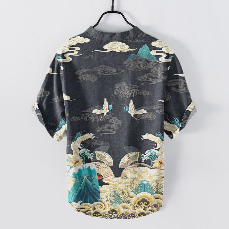 Buddha Stones Cotton Crane Wave Cloud Pattern Men's Short Sleeve Half Button Shirt - image 1