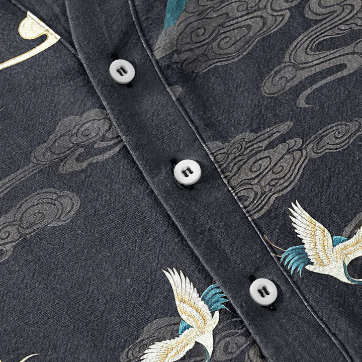 Buddha Stones Cotton Crane Wave Cloud Pattern Men's Short Sleeve Half Button Shirt - image 3