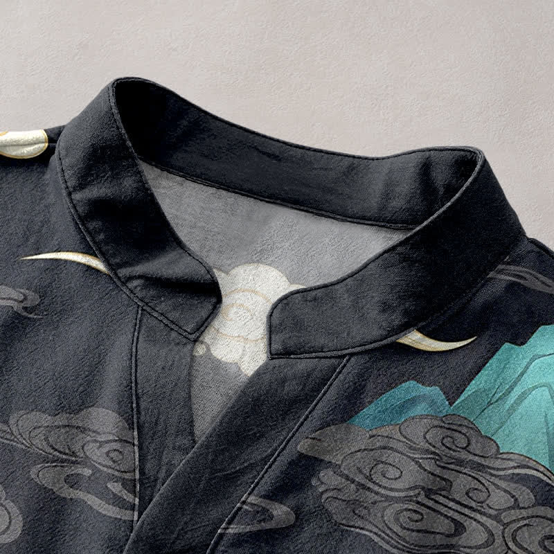 Buddha Stones Cotton Crane Wave Cloud Pattern Men's Short Sleeve Half Button Shirt - image 2