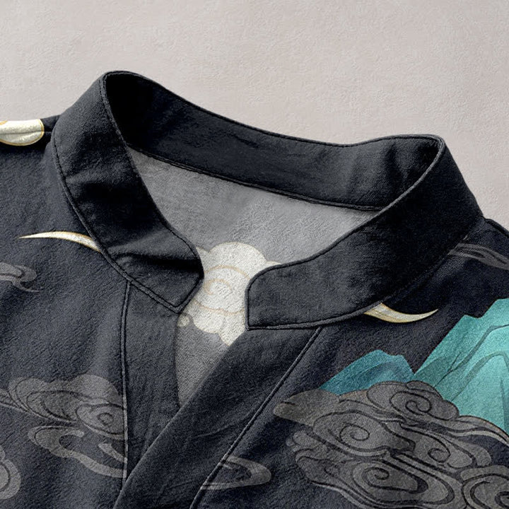 Buddha Stones Cotton Crane Wave Cloud Pattern Men's Short Sleeve Half Button Shirt - image 2