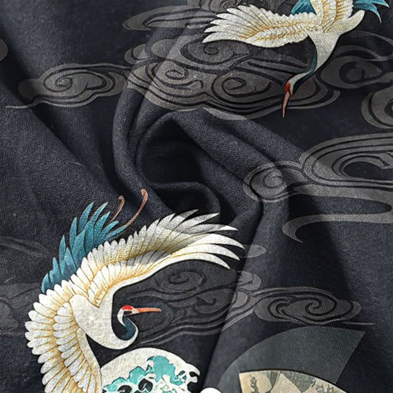 Buddha Stones Cotton Crane Wave Cloud Pattern Men's Short Sleeve Half Button Shirt - image 4