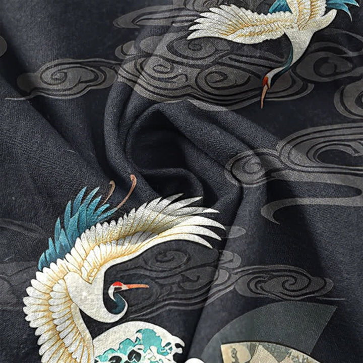 Buddha Stones Cotton Crane Wave Cloud Pattern Men's Short Sleeve Half Button Shirt - image 4