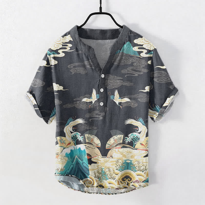 Buddha Stones Cotton Crane Wave Cloud Pattern Men's Short Sleeve Half Button Shirt - DimGray - US/UK/AU50，EU60 (5XL) - image 0