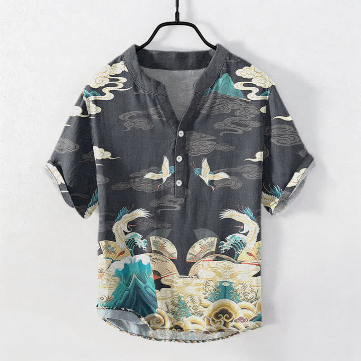 Buddha Stones Cotton Crane Wave Cloud Pattern Men's Short Sleeve Half Button Shirt - DimGray - US/UK/AU50，EU60 (5XL) - image 0