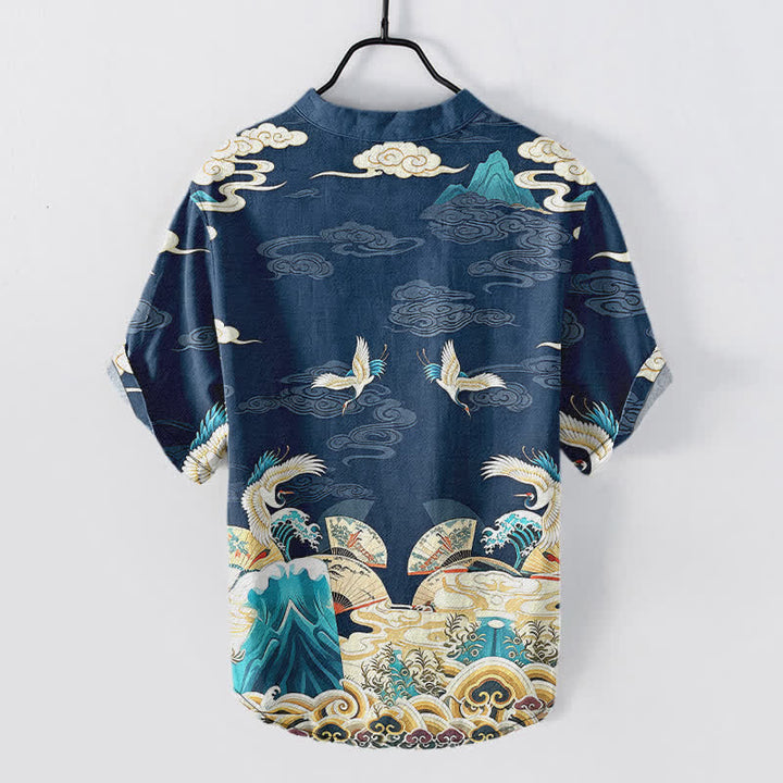 Buddha Stones Cotton Crane Wave Cloud Pattern Men's Short Sleeve Half Button Shirt - image 6