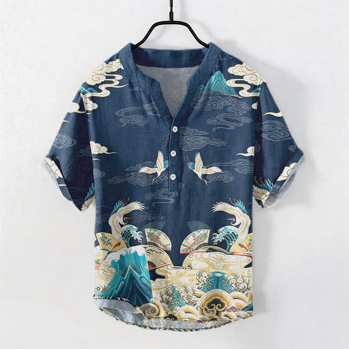 Buddha Stones Cotton Crane Wave Cloud Pattern Men's Short Sleeve Half Button Shirt - Navy - US/UK/AU50，EU60 (5XL) - image 5