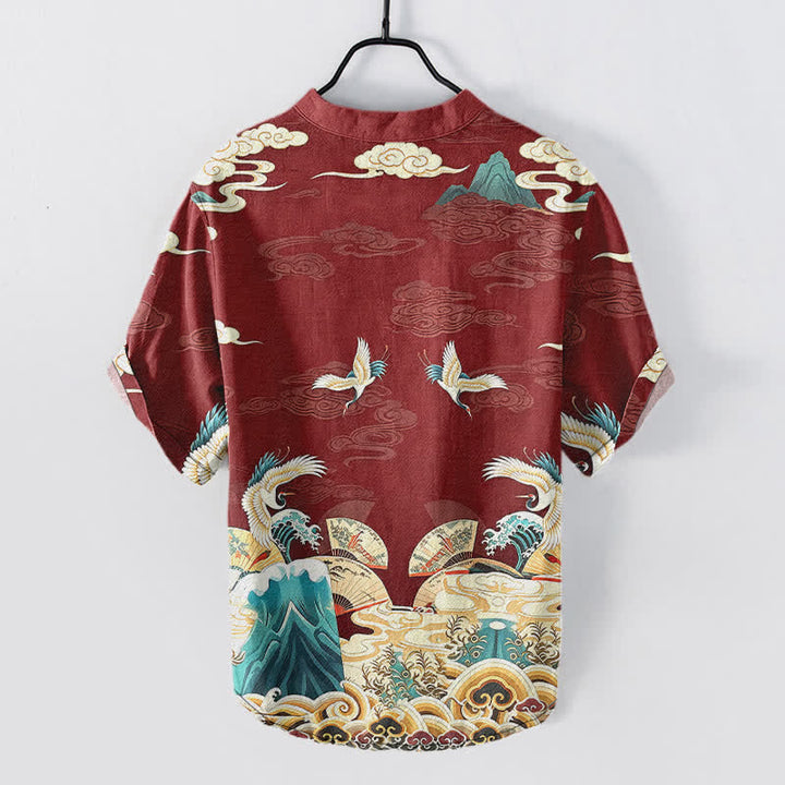 Buddha Stones Cotton Crane Wave Cloud Pattern Men's Short Sleeve Half Button Shirt - image 8