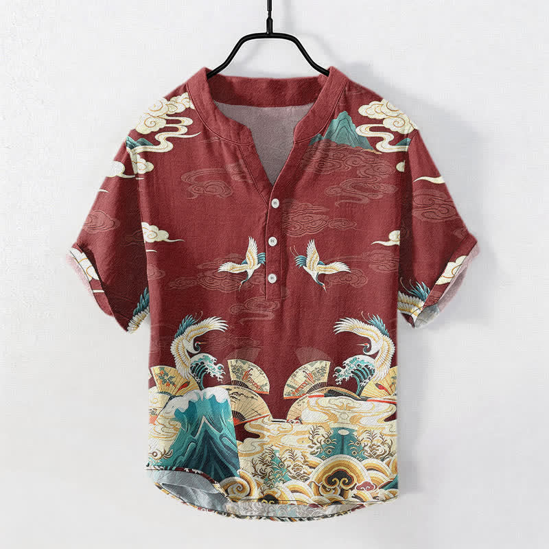 Buddha Stones Cotton Crane Wave Cloud Pattern Men's Short Sleeve Half Button Shirt - Maroon - US/UK/AU50，EU60 (5XL) - image 7
