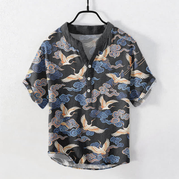 Buddha Stones Cotton Oriental Crane Cloud Pattern Men's Short Sleeve Half Button Shirt - DarkGray - US/UK/AU50，EU60 (5XL) - image 0