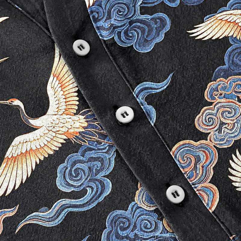 Buddha Stones Cotton Oriental Crane Cloud Pattern Men's Short Sleeve Half Button Shirt - image 3