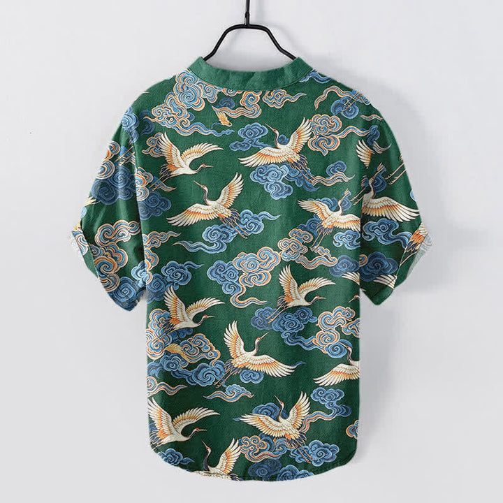 Buddha Stones Cotton Oriental Crane Cloud Pattern Men's Short Sleeve Half Button Shirt - image 6