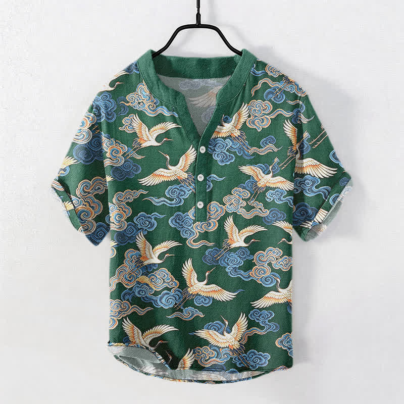 Buddha Stones Cotton Oriental Crane Cloud Pattern Men's Short Sleeve Half Button Shirt - ForestGreen - US/UK/AU50，EU60 (5XL) - image 5