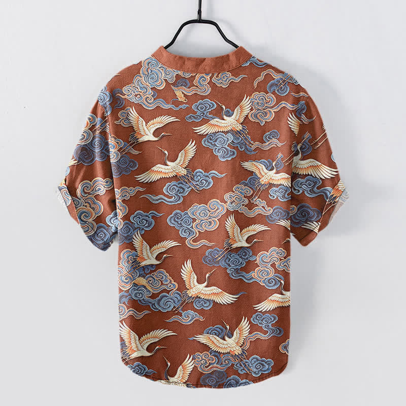 Buddha Stones Cotton Oriental Crane Cloud Pattern Men's Short Sleeve Half Button Shirt - image 8