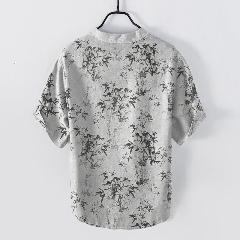 Buddha Stones Cotton Bamboo Leaf Pattern Men's Short Sleeve Half Button Shirt - image 1
