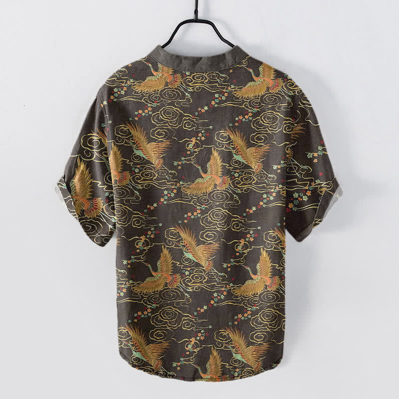 Buddha Stones Cotton Golden Crane Cloud Pattern Men's Short Sleeve Half Button Shirt - image 1