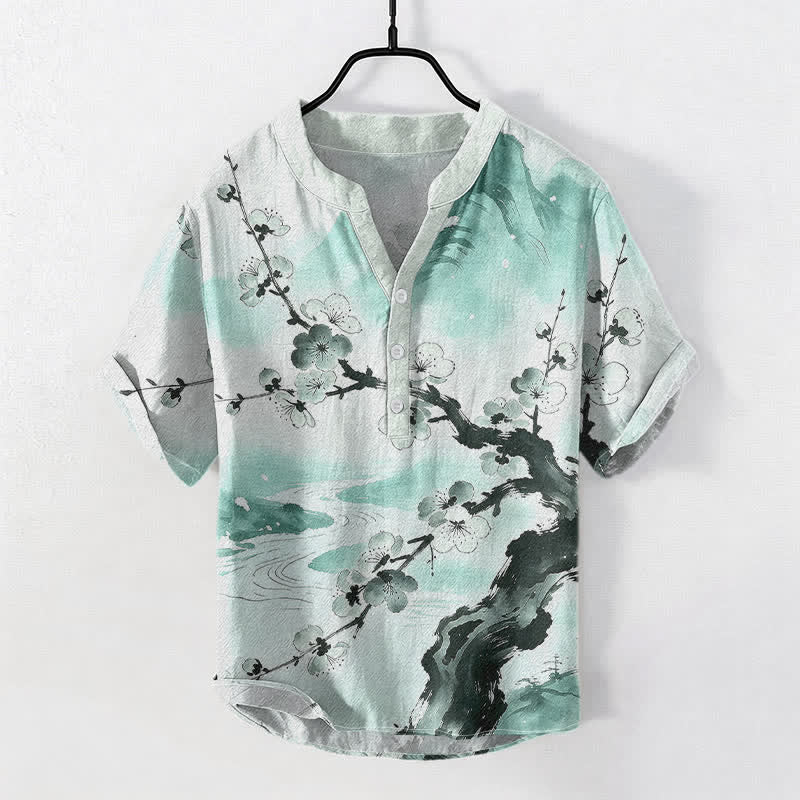 Buddha Stones Cotton Ink Plum Blossom Pattern Men's Short Sleeve Half Button Shirt - image 3