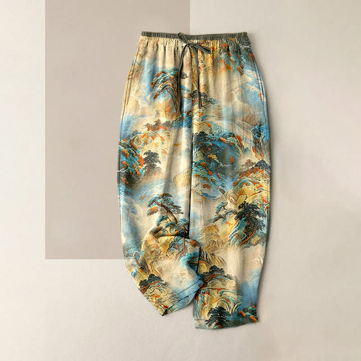 Buddha Stones Cotton Ink Wash Mountain Landscape Pattern Women's Elastic Waist Pants With Pockets - Beige - US16，UK/AU20，EU48 (3XL) - image 5