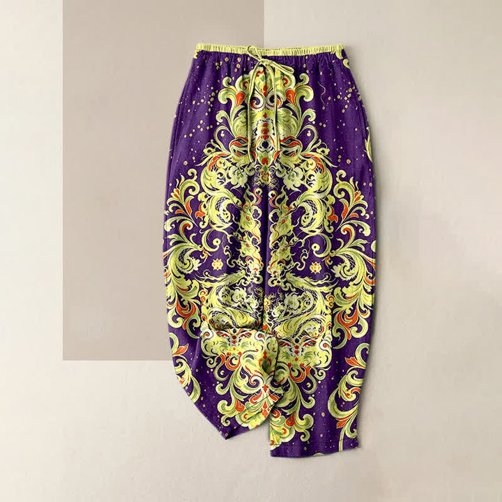 Buddha Stones Pure Cotton Vivid Paisley Floral Pattern Women's Elastic Waist Pants With Pockets - Purple - US16，UK/AU20，EU48 (3XL) - image 5