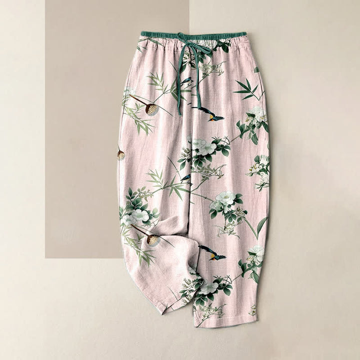 Buddha Stones Pure Cotton Watercolor Bamboo Flower Bird Pattern Women's Elastic Waist Pants With Pockets - LightPink - US16，UK/AU20，EU48 (3XL) - image 3