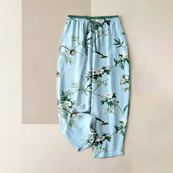 Buddha Stones Pure Cotton Watercolor Bamboo Flower Bird Pattern Women's Elastic Waist Pants With Pockets - PowderBlue - US16，UK/AU20，EU48 (3XL) - image 4