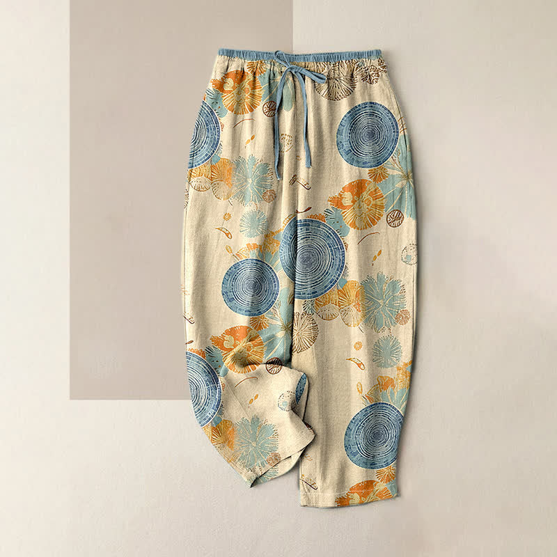Buddha Stones Pure Cotton Orange Floral Pattern Women's Elastic Waist Pants With Pockets - Beige - US16，UK/AU20，EU48 (3XL) - image 0