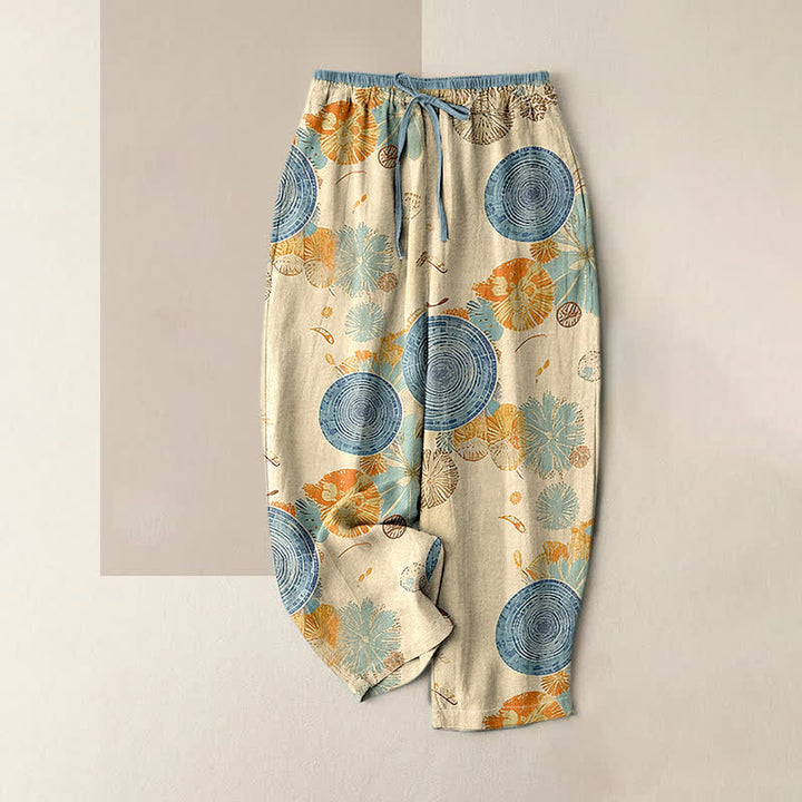 Buddha Stones Pure Cotton Orange Floral Pattern Women's Elastic Waist Pants With Pockets - Beige - US16，UK/AU20，EU48 (3XL) - image 0
