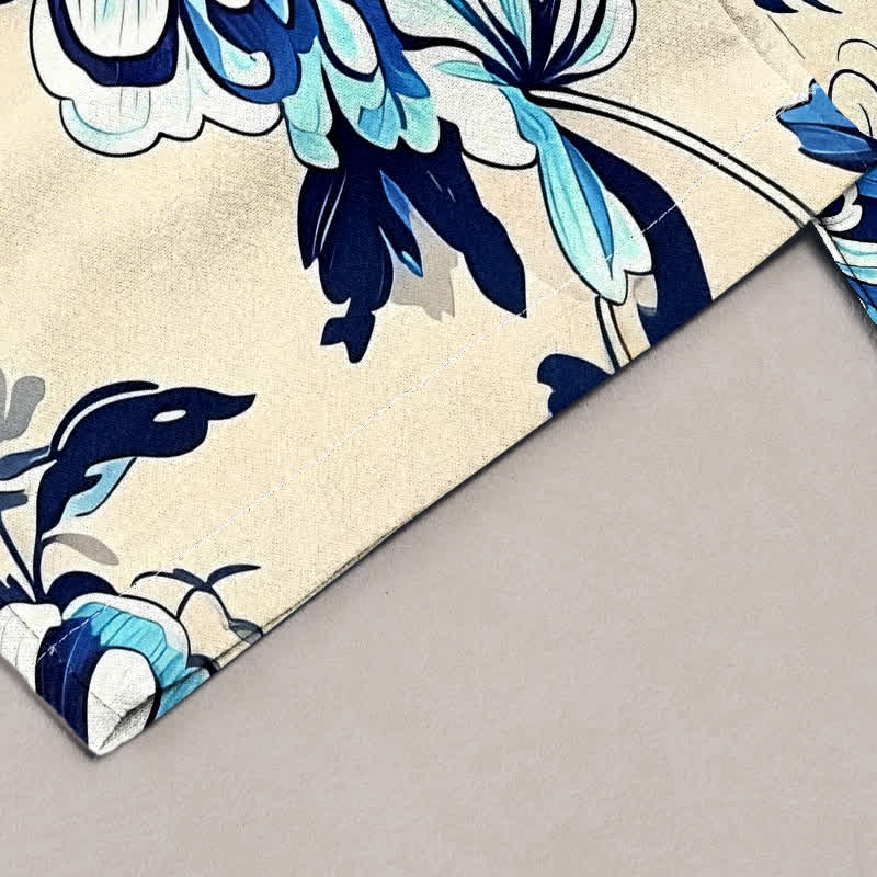Buddha Stones Pure Cotton Indigo Botanical Bloom Pattern Women's Elastic Waist Pants With Pockets - image 1
