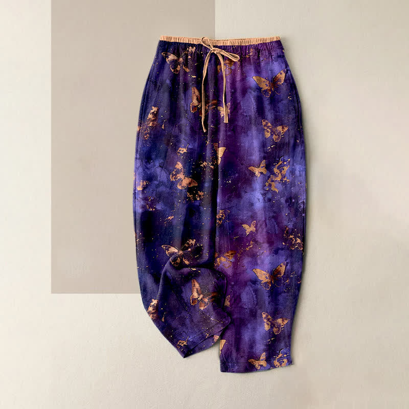 Buddha Stones Pure Cotton Golden Butterfly Nebula Pattern Women's Elastic Waist Harem Pants - Purple - US16，UK/AU20，EU48 (3XL) - image 0