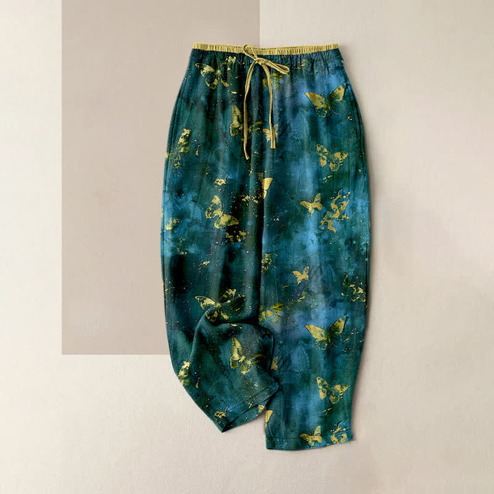 Buddha Stones Pure Cotton Golden Butterfly Nebula Pattern Women's Elastic Waist Harem Pants - Teal - US16，UK/AU20，EU48 (3XL) - image 4